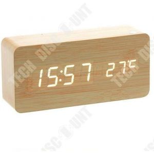 Horloge Réveil Alarme Digital LED en Bois avec fonctions thermomètre double entrées pile ou alimentation direct multifonctions