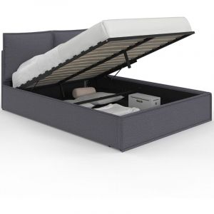 Idmarket Lit coffre double pilou avec t&ecirc;te de lit oreiller et sommier 140 x 190 cm tissu gris anthracite