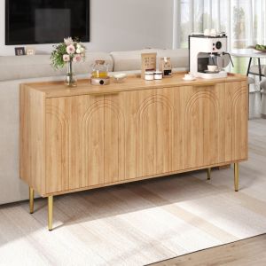 Buffet moderne 140 x 38 x 75 cm - 4 portes - Aspect bois - Pieds en m&eacute;tal - MDF - Naturel