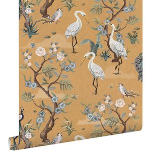Estahome - papier peint oiseaux de grue jaune ocre