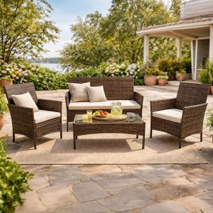 Concept-Usine Loos ensemble de jardin 4 places en r&eacute;sine tress&eacute;e marron et coussins beige
