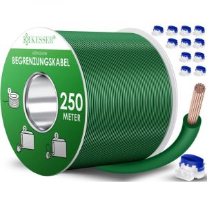 KESSER C&acirc;ble de d&eacute;limitation 250m + 12 connecteurs de c&acirc;bles pour tondeuse, kit d'accessoires de fil de d&eacute;limitation universel pour c&acirc;ble de recherche compatible avec Gardena/Bosch/Worx/Einhell/Honda