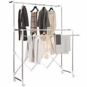 Homcom S&eacute;choir &agrave; linge - pliable int&eacute;rieur - 3 barres r&eacute;glables et 4 roulettes - acier inoxydable - 104-150x103x145-197cm - argent