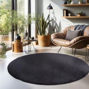 Tapis de salon moderne et moelleux à poil court, avec sous-couche antidérapante, lavable, super doux Tapis Noir 200 cm Rond