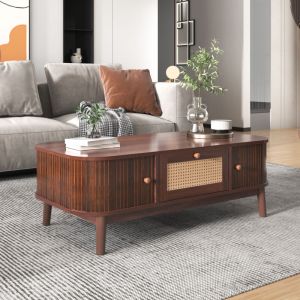 Table basse en rotin avec tiroirs en rotin et portes coulissantes avec lattes en bois massif, pieds en bois massif, marron