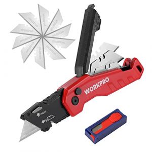 Cutter Professionnel Pliant WORKPRO, Cutter Utilitaire avec Mecanisme de Changement Rapide, 13 Lames SK5 Incluses, Ideal pour Coupe, Rouge