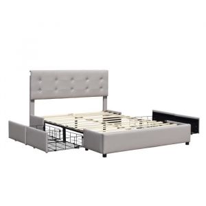 Lit 140x200 - solide et confortable - 4 tiroirs inclus - tête de lit incluse - revêtement PVC simili - montage rapide et facile - rangement optimal - couleur gris