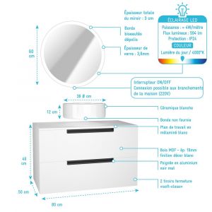 Image de Aurlane Meuble salle de bains 80cm Blanc Laqué 2 tiroirs - Vasque Blanche Ø36cm et Miroir Rond à Led - JAZZ