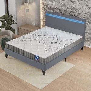 Ensemble 140x190cm-Matelas ressorts ensachés + Lit avec Tête de lit LED et sommier à lattes, Matelas 20cm d’épaisseur