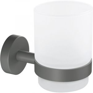 Tesa Moon Grey Gobelet Porte Brosse à Dents en Verre satiné avec Support, Gris Mat - Salles de Bains Modernes et de Style Industriel - sans Perçage - 96 mm x 70 mm x 109 mm