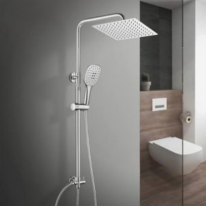 Görbach Colonne de Douche Murale Colonne Douche pour Baignoire sans Robinetterie Réglable en Hauteur Douche Douchette Salle de Bain avec Pommeau Douche Carrée 20x20,Inox 304.