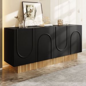 Buffet moderne 160x38x75 cm - 4 portes - Structure en U - Design en relief - Panneaux de particules - Noir+naturel