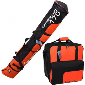 Brubaker Set de Ski ‘Champion’ - Housse à Skis et Sac à Chaussures de Ski pour 1 Paire de Skis + Bâtons + Chaussures + Casque - 170 cm - Noir/Orange