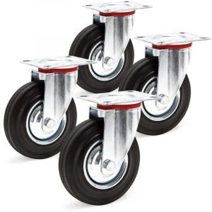 wiltec Kit 4x roulettes pivotantes Charge lourde Caoutchouc plein 125mm Jantes en métal Plaque Support 100 kg/roue Transport Meuble