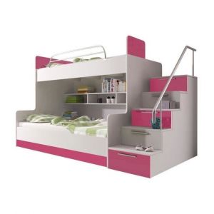 Lit superposé Nashville A112, Blanc + Blanc brillant + Rose brillant, Superposés, 90x200, Stratifié, mdf, 120x254x166cm