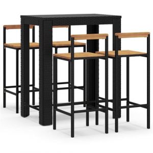 VidaXL Ensemble de bar avec table et 4 tabourets pour le jardin en rotin synthétique noir et bois