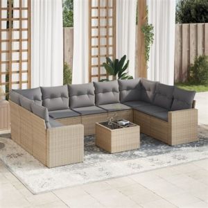 Salon de jardin avec coussins 10 pcs beige r&eacute;sine tress&eacute;e