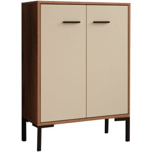 Buffet bas de salon 2 portes 60x84x30cm Meuble d'appoint Armoire de rangement Modèle Lander L15 Couleur Noyer Ambar et Beige