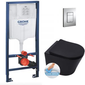 Grohe Pack WC Bâti-support Rapid SL + Cuvette SAT Infinitio noire mat + Abattant frein de chute + Plaque Chrome