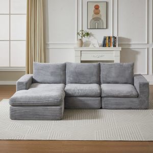 Canap&eacute; d'angle Convertible 3 places,En velours c&ocirc;tel&eacute;,3 Coussins,Mousse &agrave; Retour Lent Pour Salon & Chambre,Gris