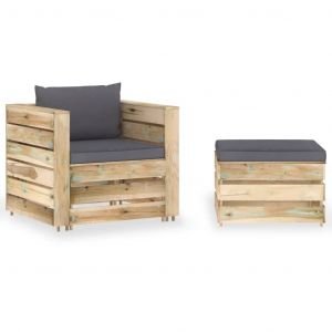 VidaXL Salon de jardin 2 pcs avec coussins Bois impr&eacute;gn&eacute; de vert