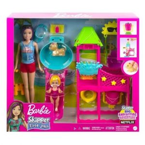 Mattel Coffret Parc Aquatique Avec Piscine Et Toboggan - Poupees Skipper Et Enfant - Set Metier Baby Sitter + Carte Animaux