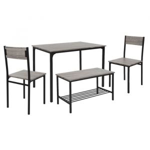 Ensemble de Salle à Manger, 4 Pièces, Chêne-Gris, 4 Personnes, Table avec 2 Chaises 1 Banc, Étagère de Rangement, en mdf et Structure en Acier, Set