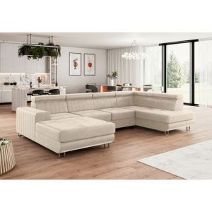 Meublesline Canapé d'angle panoramique sinea u Beige avec têtières réglables angle droit