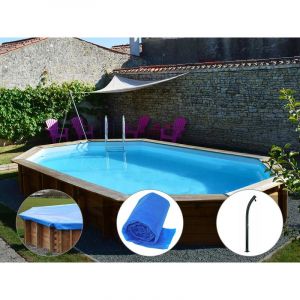 Sunbay Kit piscine bois Safran 6,37 x 4,12 x 1,33 m + Bâche hiver + Bâche à bulles + Douche