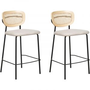 Beliani Lot de 2 Chaises de Bar en Tissu Beige Clair avec Dossier en Rotin Ajouré Mayetta