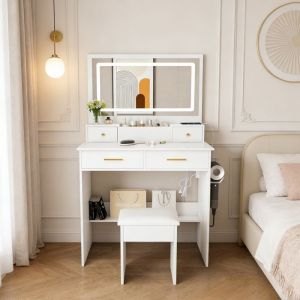 POCKETPOP Coiffeuse avec avec miroir et tabouret, avec lumi&egrave;re LED, une prise, un support pour s&egrave;che-cheveux, 4 tiroirs, Blanc