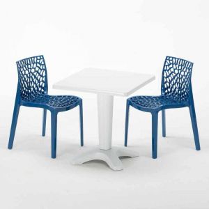 Grand Soleil Table et 2 chaises colorées polypropylene extérieurs PATIO | Gruvyer bleu - Blanc