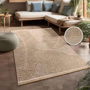 Tapis Exterieur Terrasse Salon Cuisine Motif Boho Motif Fleuri Franges Beige 160x220 cm - Paco Home