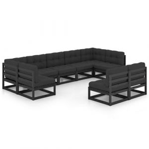 VidaXL Salon de jardin 9 pcs avec coussins noir bois de pin massif