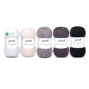 Gr&uuml;ndl Laine Lisa Premium uni - Fil pour tricoter - Fil &agrave; crocheter - Doux et agr&eacute;able pour la peau - 100% polyacrylique 5 pelotes 50 g / 133 m - Taille d&rsquo;aiguille 3,5-4,5 -blanc-gris-noir