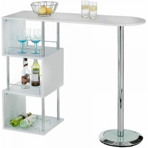 Image de Idimex Table haute de bar VIGANDO mange-debout comptoir avec 3 étagères dont 1 porte-bouteilles, en métal chromé et plateau MDF blanc mat