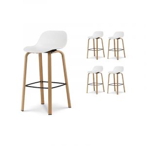 Kosmi Lot de 4 tabourets de bar blancs style scandinave avec pieds effet bois en métal - Hauteur 76cm