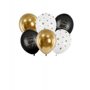 6 Ballons Happy New Year noir et or 30 cm - Couleur Noir