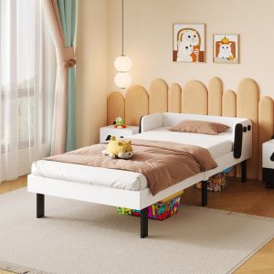 Lit enfant 90 x 200 cm avec sommier, lit simple aux formes mignonnes, lit 90x200 avec sommier à lattes en bois, lit pour garçons et filles, lit en