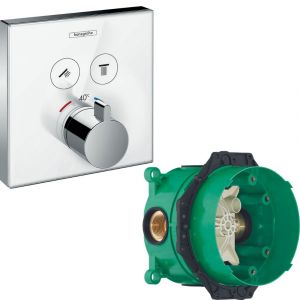 Hansgrohe Lot Facade en verre pour mitigeur thermostatique encastré avec 2 fonctions blanc/chromé + Corps encastré universel Ibox