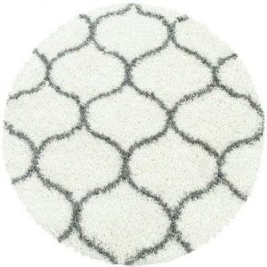 Tapis rond &agrave; poils longs et motifs alhambra blanc 200x200cm