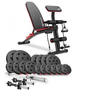 Hop-Sport Banc de Musculation R&eacute;glable HS-1035 avec Set d&rsquo;Halt&egrave;res 66 kg, Ensemble de Disques de Poids en Plastique avec Barres d&rsquo;Halt&egrave;res Curl SZ 120 cm, Courtes 45 cm et Expanders