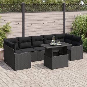 VidaXL Ensemble de canapé de jardin 8 pièces avec coussins en rotin noir, Canapé de jardin 2 places avec coussins en rotin noir