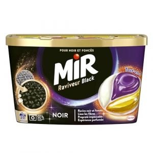 Mir Lessive Capsules Black - Raviveur - Formule 3en1 - Couleurs - Fibres - Fra&icirc;cheur - Nettoie avec Soin - Noir Raviv&eacute; - Fibres Liss&eacute;es - Anti-Bouloche - Pour tous les Textiles Fonc&eacute;s - 20 Lavages