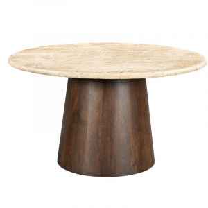 Stone-table &agrave; manger ronde 4 personnes d130 cm travertin et bois brun