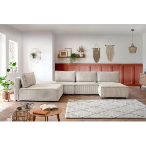 Bobochic Canapé D'angle Fixe 100% Modulable Nihad Tissu Velours Côtelé 2 Chauffeuses, 1 Pouf Et 2 Méridiennes Beige