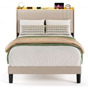 Lit Simple Capitonné 120 x 200 cm avec Prise et Tête de Lit LED Réglable Rangement Bealife Sommier à Lattes Tissu en Lin Lit Enfant Adolescent Beige