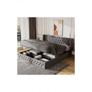 Lit coffre 180x200 cm Lit adulte capitonn&eacute; avec espace de rangement hydraulique, fond de lit en non-tiss&eacute; imperm&eacute;able noir, gris, sans matelas