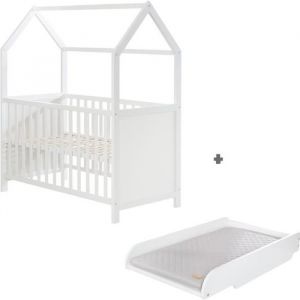 Image de Roba Lit B&eacute;b&eacute; Cabane 60x120 cm avec Plan et Matelas &agrave; Langer - Convertible et R&eacute;glable en Hauteur - Blanc