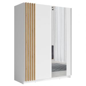 Armoire 2 portes coulissantes - Avec miroir - L150 cm - Blanc et naturel - calela
